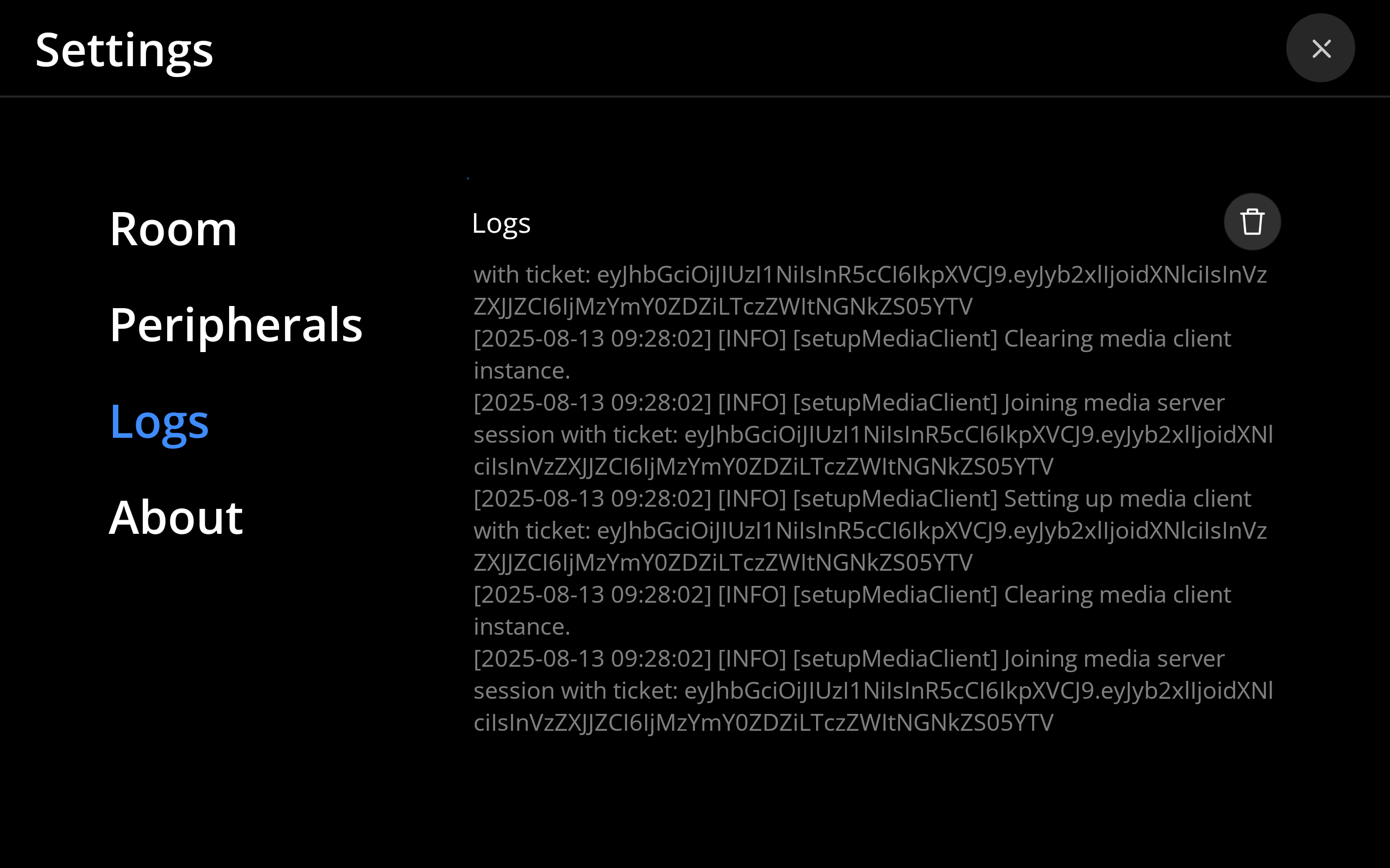 The Settings Logs page showing dates, times, and information about events and instances